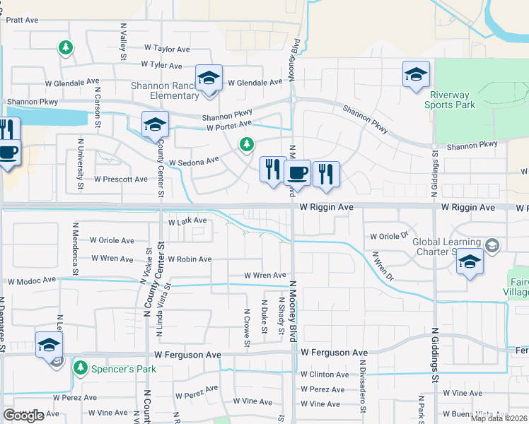 map of restaurants, bars, coffee shops, grocery stores, and more near 2220 West Lark Avenue in Visalia