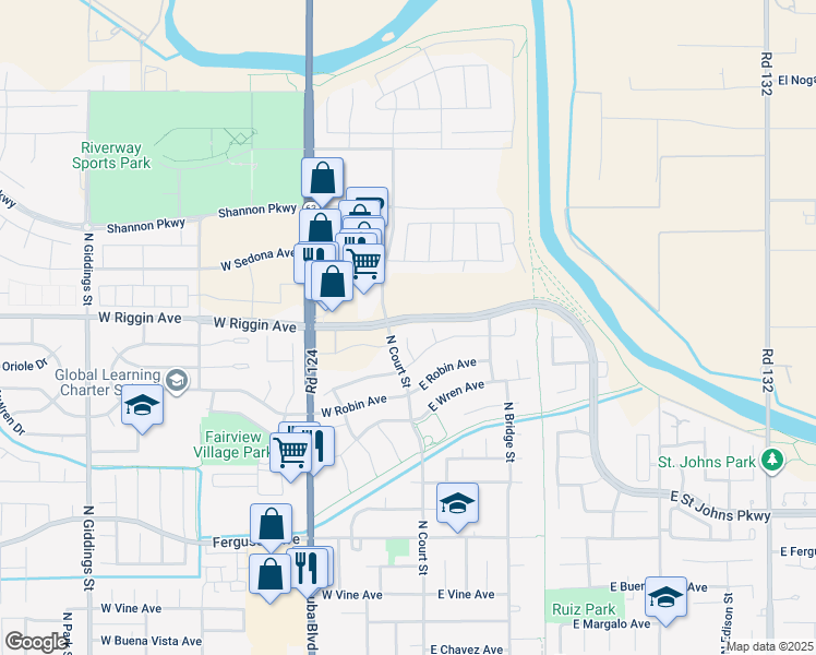 map of restaurants, bars, coffee shops, grocery stores, and more near 2948 North Church Street in Visalia