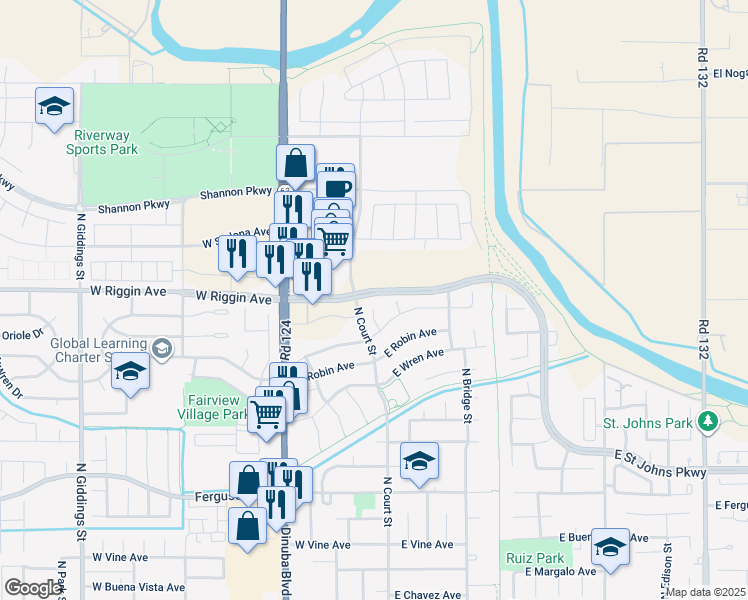 map of restaurants, bars, coffee shops, grocery stores, and more near 2948 North Church Street in Visalia