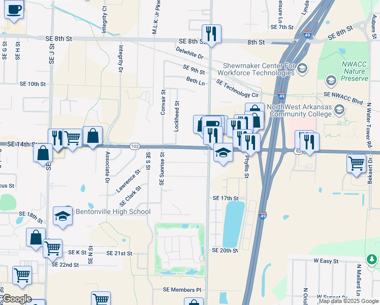 map of restaurants, bars, coffee shops, grocery stores, and more near 2306 Southeast 15th Street in Bentonville