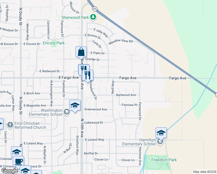 map of restaurants, bars, coffee shops, grocery stores, and more near 2408 Neill Way in Hanford