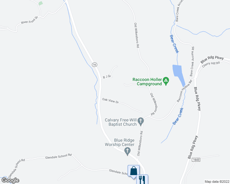 map of restaurants, bars, coffee shops, grocery stores, and more near 6483 North Carolina 16 in Jefferson