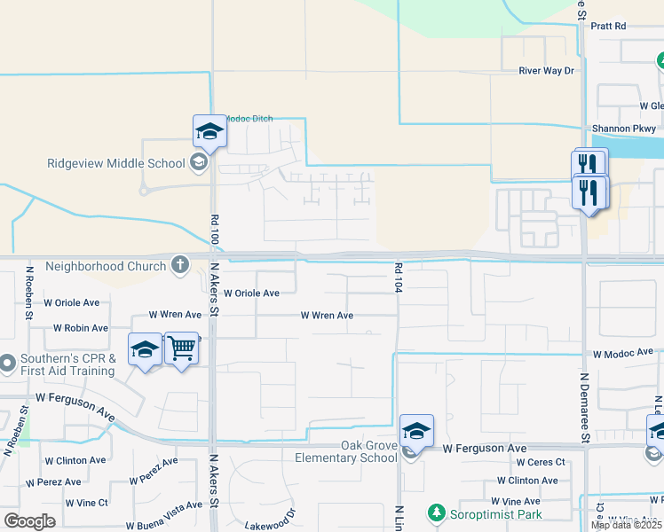 map of restaurants, bars, coffee shops, grocery stores, and more near 5007 West Riggin Avenue in Visalia