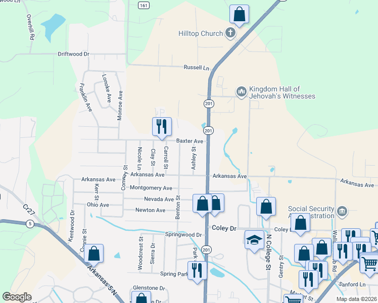 map of restaurants, bars, coffee shops, grocery stores, and more near 1415 Benton Street in Mountain Home