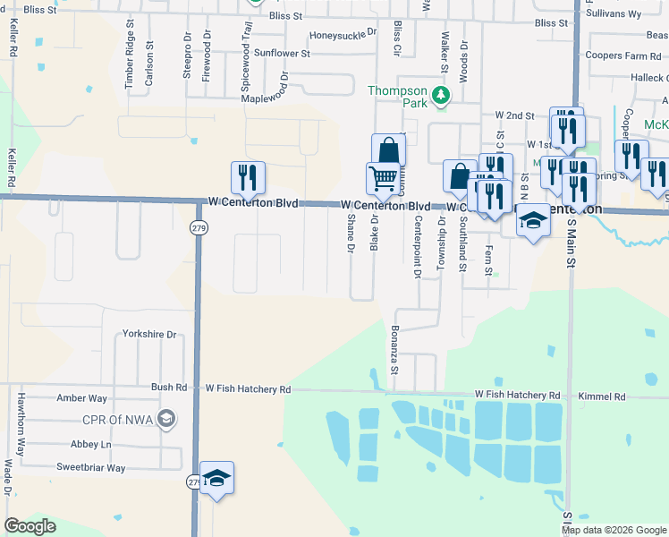 map of restaurants, bars, coffee shops, grocery stores, and more near 216 Shane Drive in Centerton