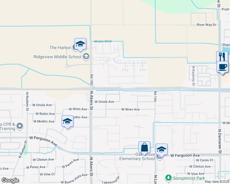 map of restaurants, bars, coffee shops, grocery stores, and more near 4922 West Oriole Avenue in Visalia