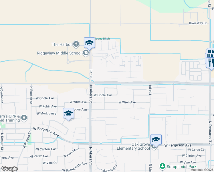 map of restaurants, bars, coffee shops, grocery stores, and more near 5036 West Oriole Avenue in Visalia