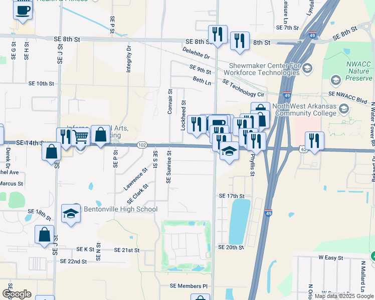 map of restaurants, bars, coffee shops, grocery stores, and more near 2204 Southeast 14th Street in Bentonville