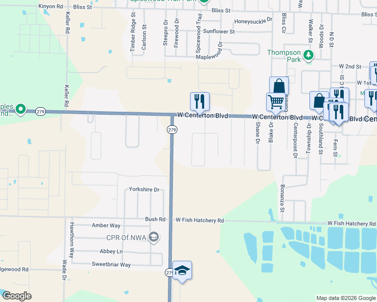 map of restaurants, bars, coffee shops, grocery stores, and more near 194 North Vaughn Road in Centerton