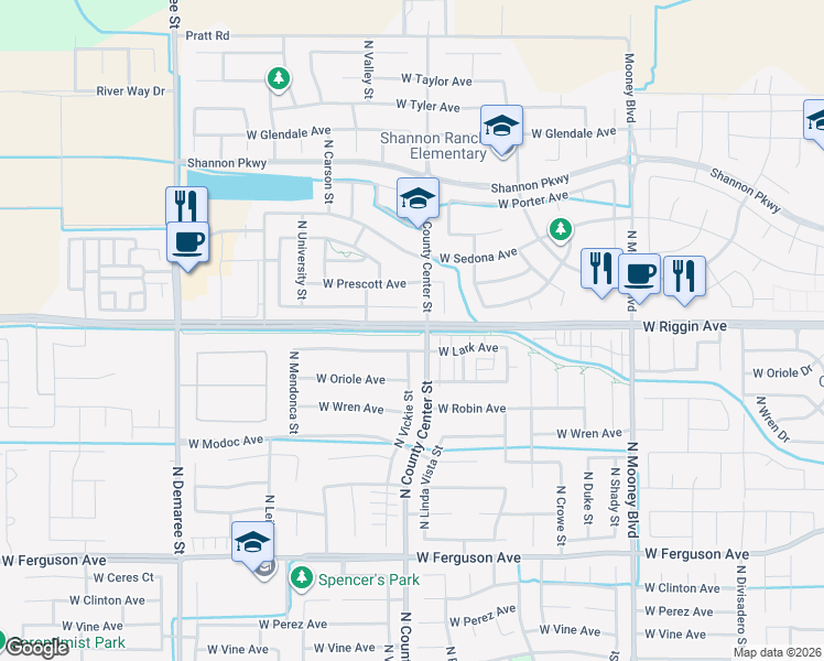 map of restaurants, bars, coffee shops, grocery stores, and more near 2831 Payson Avenue in Visalia