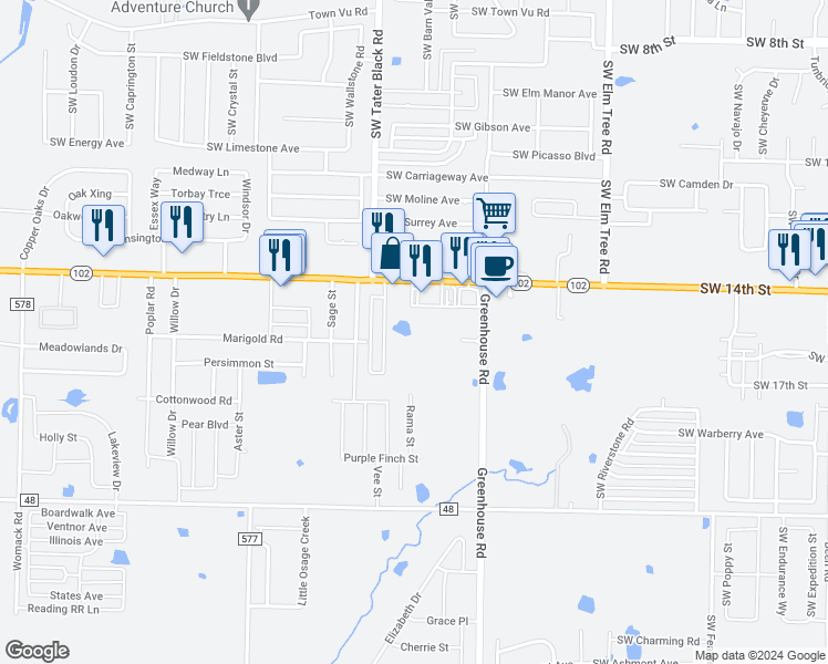 map of restaurants, bars, coffee shops, grocery stores, and more near 1653 East Centerton Boulevard in Centerton