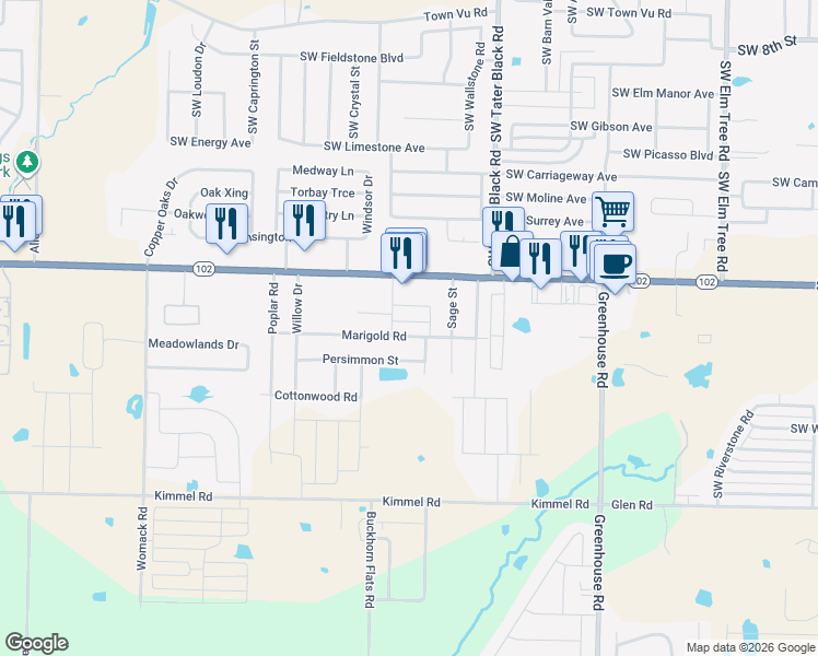 map of restaurants, bars, coffee shops, grocery stores, and more near 1342 Marigold Road in Centerton
