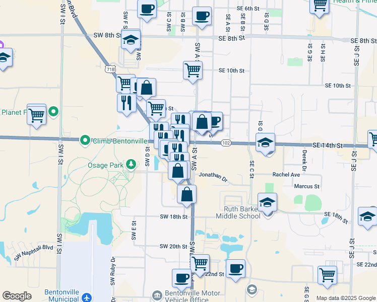 map of restaurants, bars, coffee shops, grocery stores, and more near 100 Southwest 14th Street in Bentonville