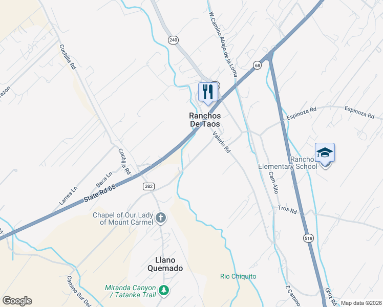 map of restaurants, bars, coffee shops, grocery stores, and more near 50 Old Santa Fe Road in Ranchos de Taos