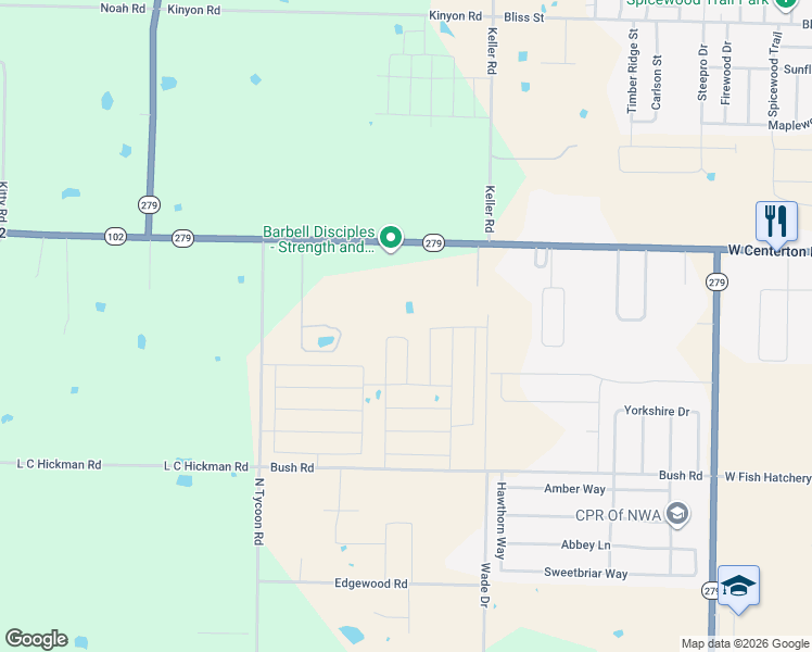 map of restaurants, bars, coffee shops, grocery stores, and more near 1879 Centerton Boulevard in Centerton