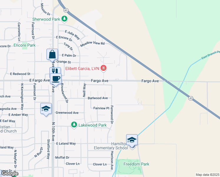 map of restaurants, bars, coffee shops, grocery stores, and more near 2442 Fernwood Drive in Hanford