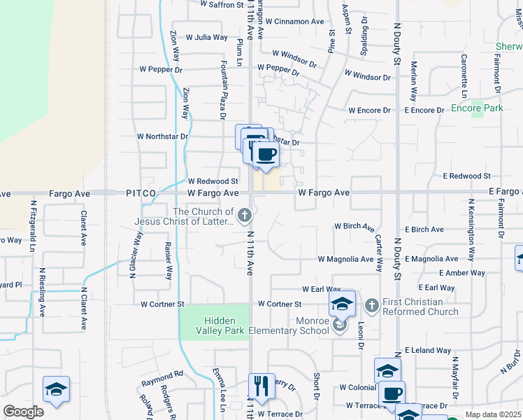 map of restaurants, bars, coffee shops, grocery stores, and more near in Hanford