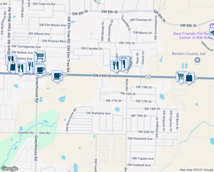 map of restaurants, bars, coffee shops, grocery stores, and more near 2809 Southwest 14th Street in Bentonville