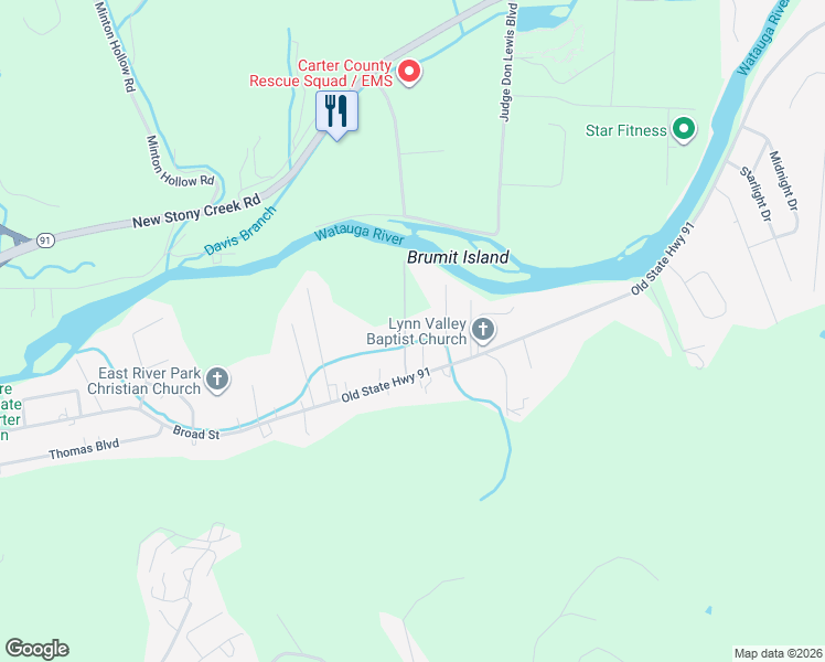 map of restaurants, bars, coffee shops, grocery stores, and more near 1329 Broad Street in Elizabethton