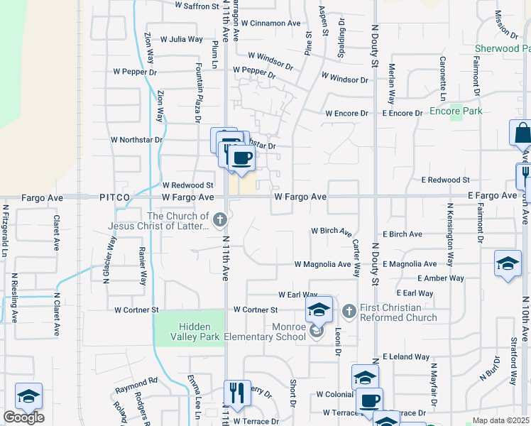 map of restaurants, bars, coffee shops, grocery stores, and more near 2497 Fir Lane in Hanford