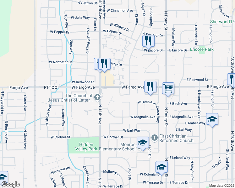 map of restaurants, bars, coffee shops, grocery stores, and more near 2497 Fir Lane in Hanford