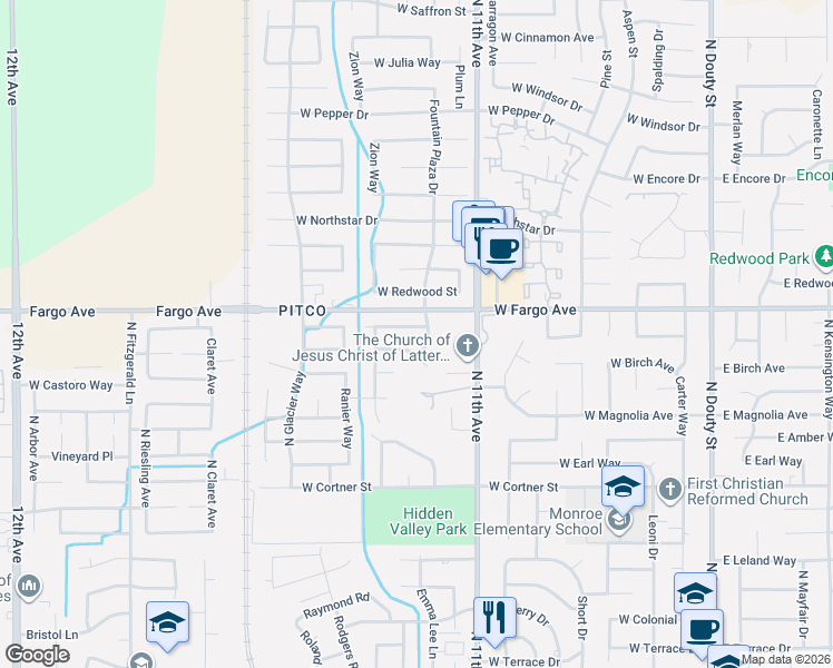 map of restaurants, bars, coffee shops, grocery stores, and more near 916 West Ambassador Drive in Hanford