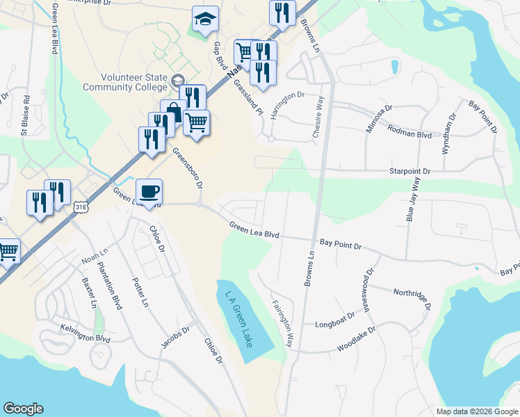 map of restaurants, bars, coffee shops, grocery stores, and more near 1001 Grassland Chase Drive in Gallatin