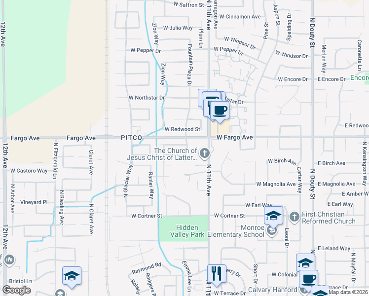 map of restaurants, bars, coffee shops, grocery stores, and more near 2491 Fountain Plaza Drive in Hanford