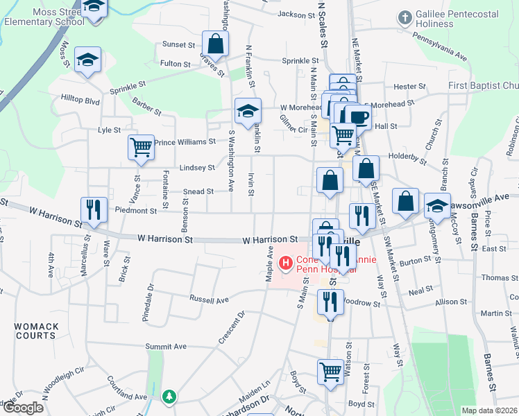 map of restaurants, bars, coffee shops, grocery stores, and more near 333 Irvin Street in Reidsville