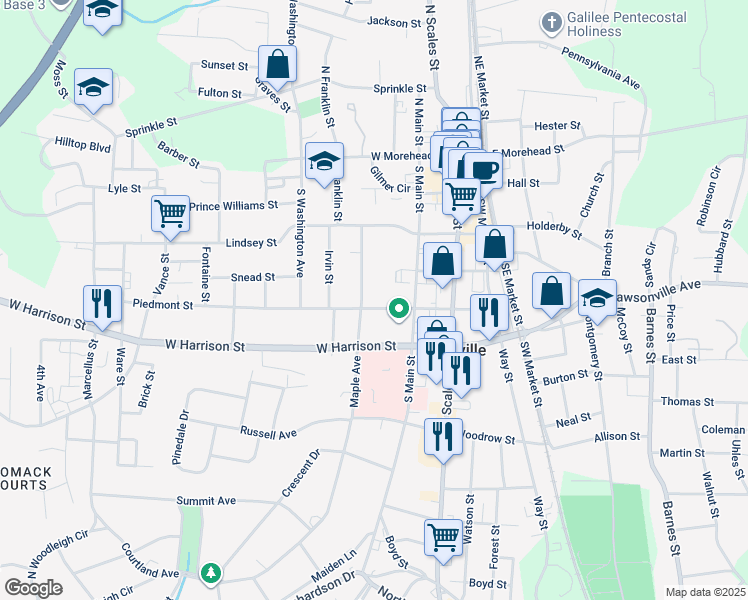 map of restaurants, bars, coffee shops, grocery stores, and more near 420 Piedmont Street in Reidsville