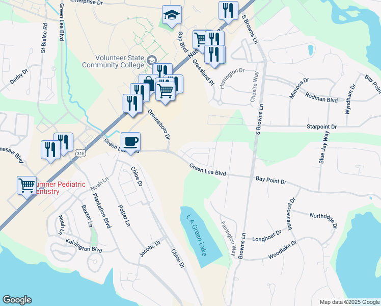 map of restaurants, bars, coffee shops, grocery stores, and more near 350 Madeira Place in Gallatin