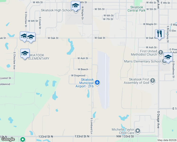 map of restaurants, bars, coffee shops, grocery stores, and more near 1002 West Beech Street in Skiatook