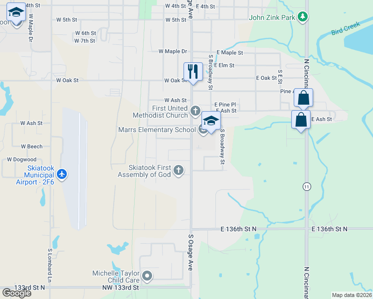 map of restaurants, bars, coffee shops, grocery stores, and more near 107 West Chestnut Place in Skiatook