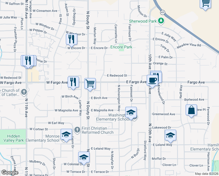 map of restaurants, bars, coffee shops, grocery stores, and more near 2487 Santa Lucia Ct in Hanford