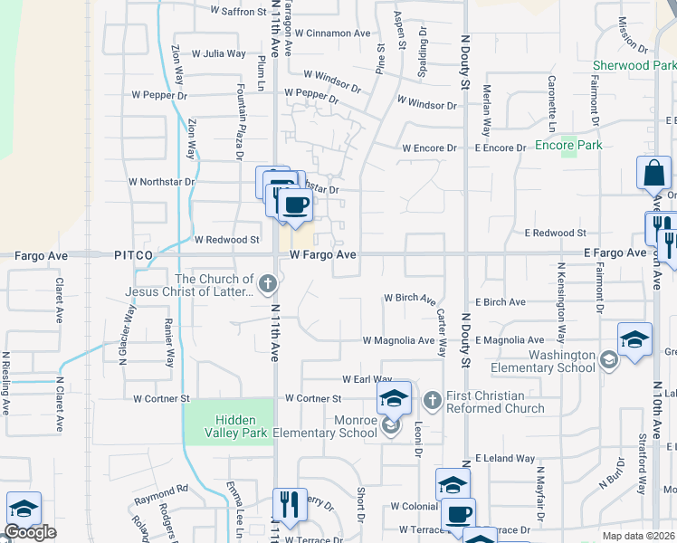 map of restaurants, bars, coffee shops, grocery stores, and more near 2497 Fir Lane in Hanford