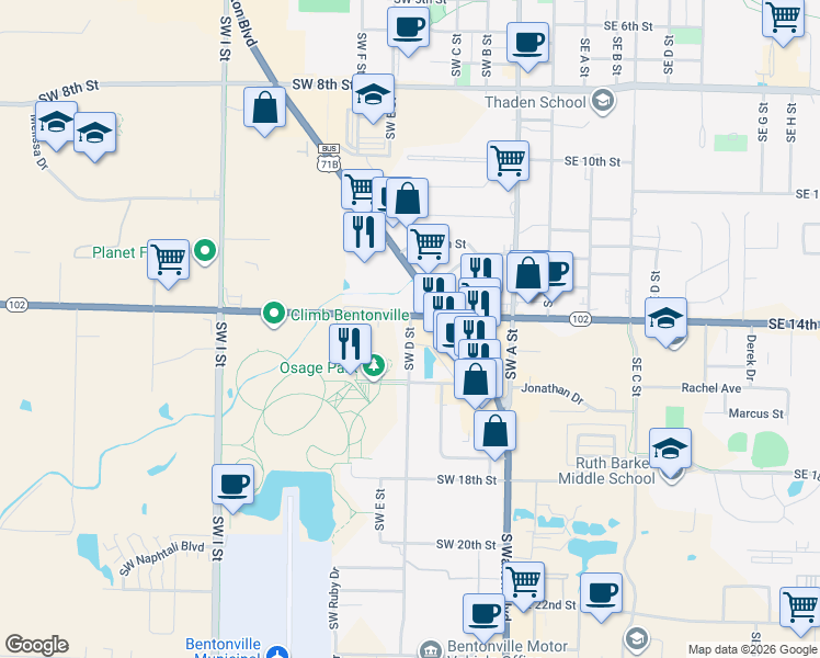 map of restaurants, bars, coffee shops, grocery stores, and more near 502 Arkansas 102 in Bentonville