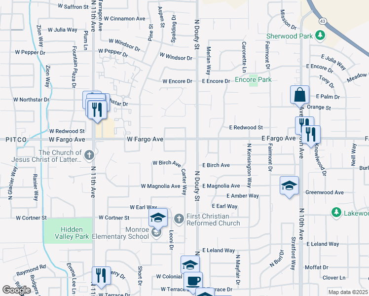 map of restaurants, bars, coffee shops, grocery stores, and more near 2478 Carter Way in Hanford