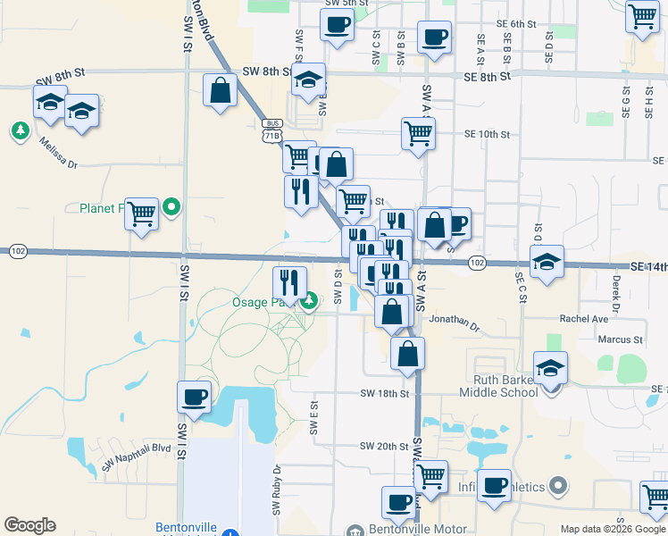 map of restaurants, bars, coffee shops, grocery stores, and more near 502 Arkansas 102 in Bentonville