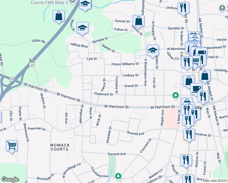 map of restaurants, bars, coffee shops, grocery stores, and more near 610 Fontaine Street in Reidsville