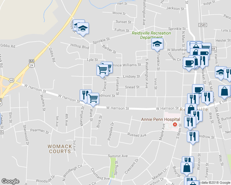 map of restaurants, bars, coffee shops, grocery stores, and more near 610 Fontaine Street in Reidsville
