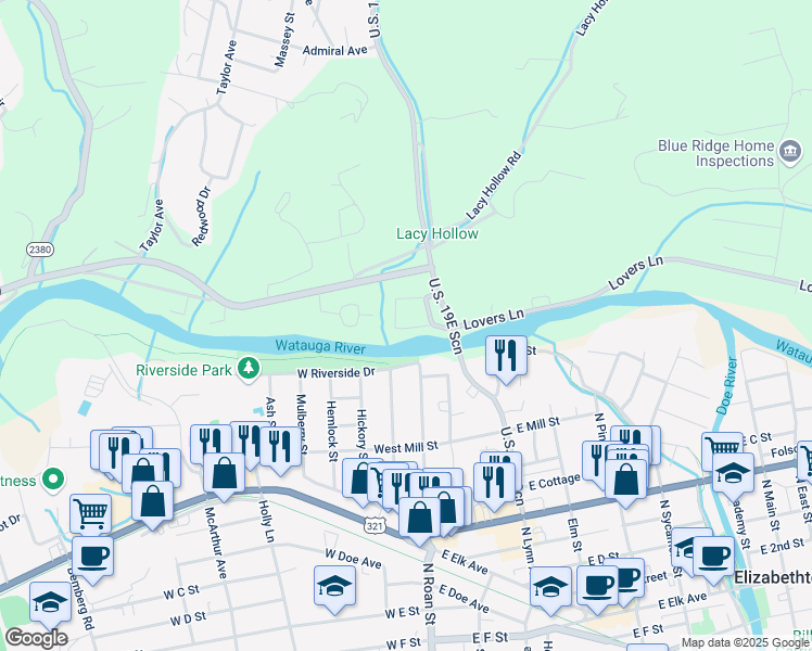 map of restaurants, bars, coffee shops, grocery stores, and more near 19 Lovers Lane in Elizabethton