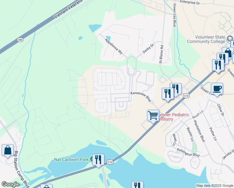 map of restaurants, bars, coffee shops, grocery stores, and more near 1136 Kennesaw Boulevard in Gallatin