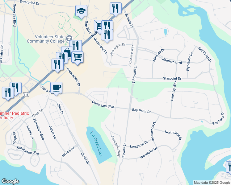 map of restaurants, bars, coffee shops, grocery stores, and more near 1001 Grassland Chase Drive in Gallatin