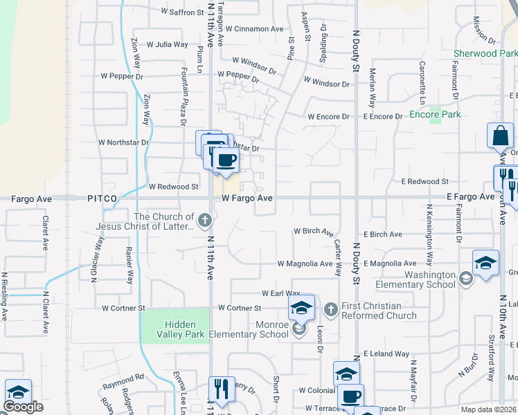 map of restaurants, bars, coffee shops, grocery stores, and more near 2497 Fir Lane in Hanford