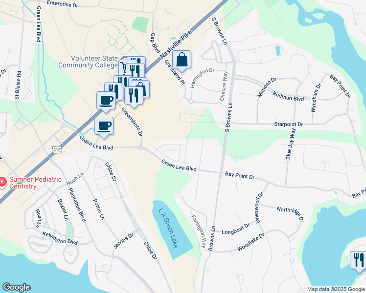 map of restaurants, bars, coffee shops, grocery stores, and more near 1001 Grassland Chase Drive in Gallatin