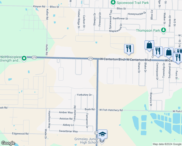 map of restaurants, bars, coffee shops, grocery stores, and more near 1389 West Centerton Boulevard in Centerton