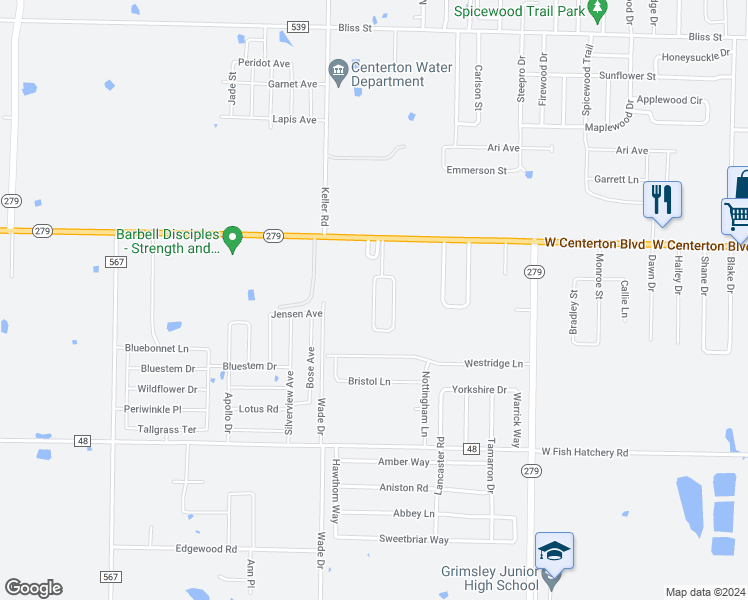 map of restaurants, bars, coffee shops, grocery stores, and more near 324 Graystone Circle in Centerton