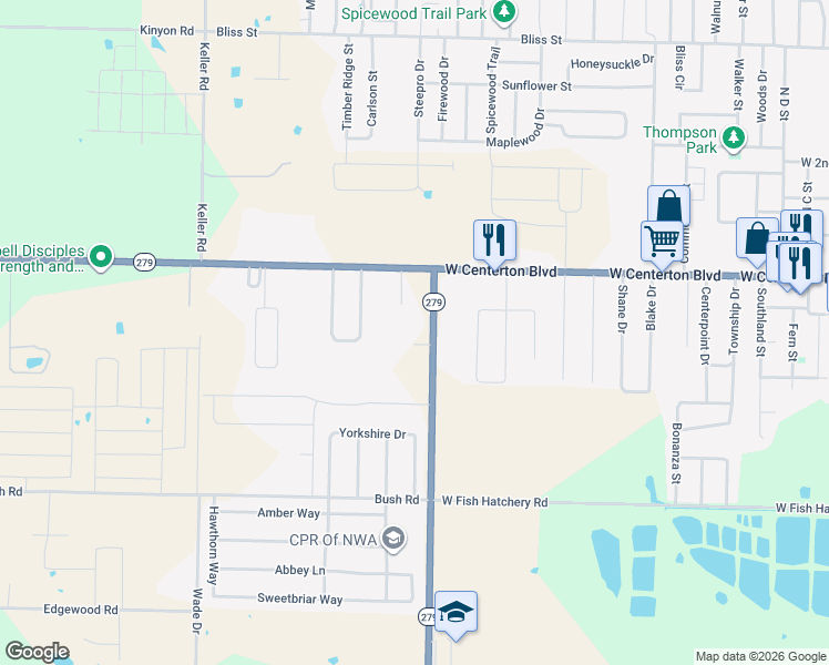 map of restaurants, bars, coffee shops, grocery stores, and more near 1389 West Centerton Boulevard in Centerton