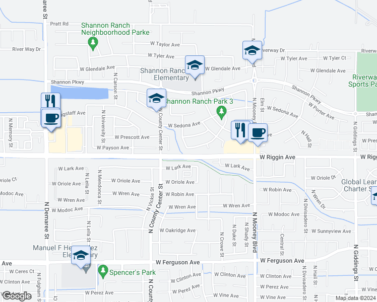 map of restaurants, bars, coffee shops, grocery stores, and more near 2865 West Payson Avenue in Visalia