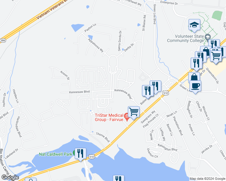 map of restaurants, bars, coffee shops, grocery stores, and more near Kennesaw Boulevard in Gallatin